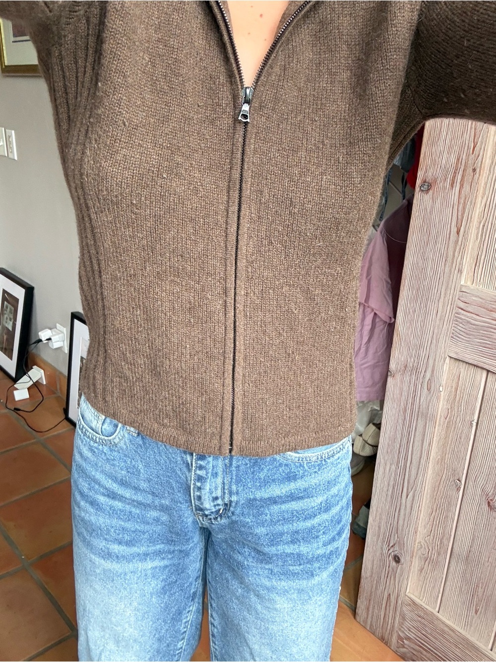 Neiman Marcus Brown Zip-Front Hooded Cardigan with Fur Pom Trim - Picture 5 of 9